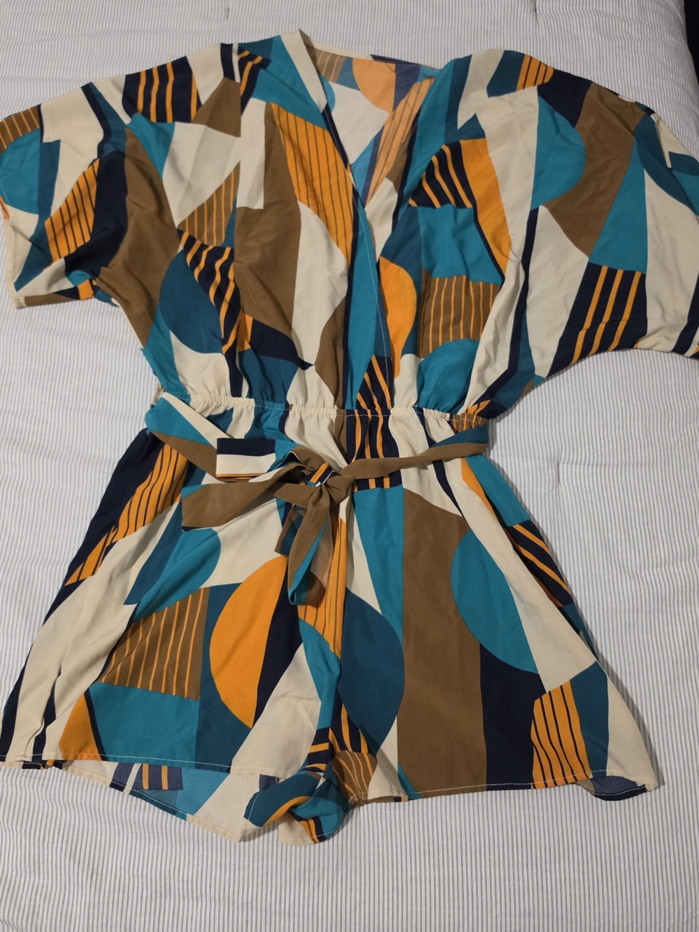 Geometric Print Short Sleeve Romper in Teal, Mustard & Brown
